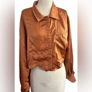 Peach Love California Women's Satin Button-Up Shirt in Copper Size L